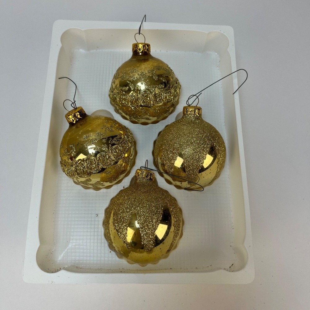 Vtg ‎ Victoria Collection Gold Glitter Glass Christmas Ornaments- 2 Boxes
